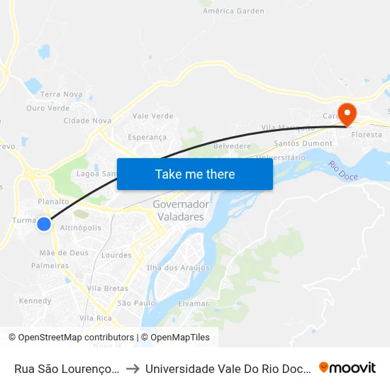 Rua São Lourenço, 614 to Universidade Vale Do Rio Doce - Ceu map
