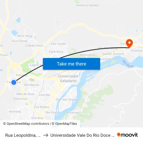 Rua Leopoldina, 103 to Universidade Vale Do Rio Doce - Ceu map