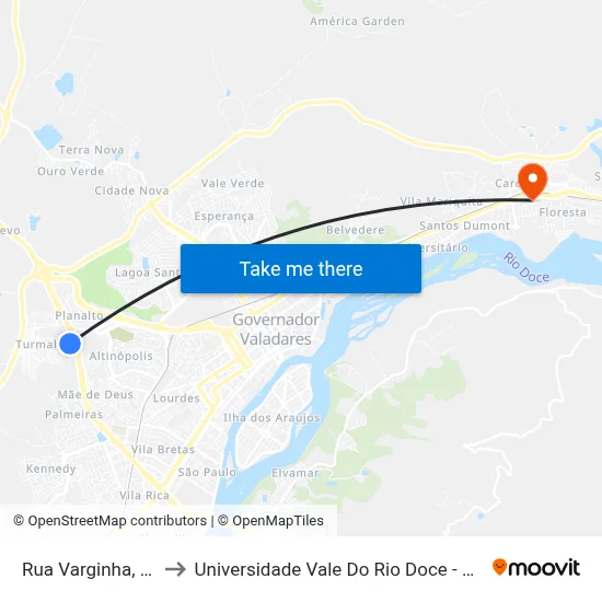Rua Varginha, 39 to Universidade Vale Do Rio Doce - Ceu map