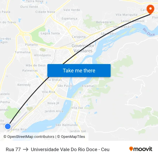 Rua 77 to Universidade Vale Do Rio Doce - Ceu map