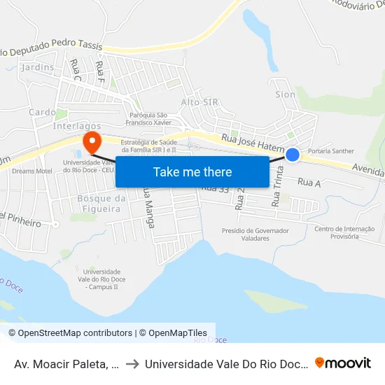 Av. Moacir Paleta, 1340 to Universidade Vale Do Rio Doce - Ceu map