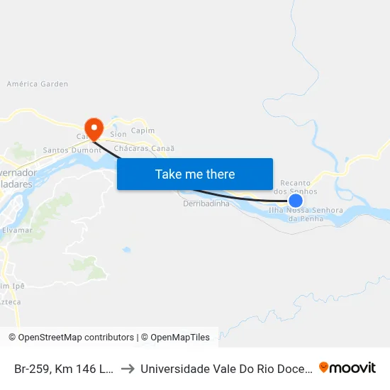 Br-259, Km 146 Leste to Universidade Vale Do Rio Doce - Ceu map