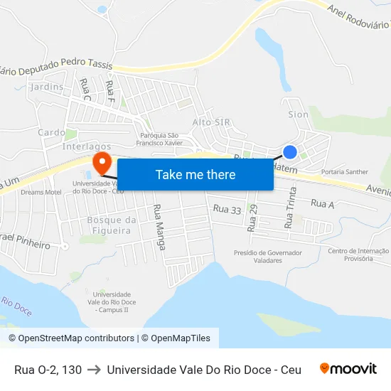 Rua O-2, 130 to Universidade Vale Do Rio Doce - Ceu map
