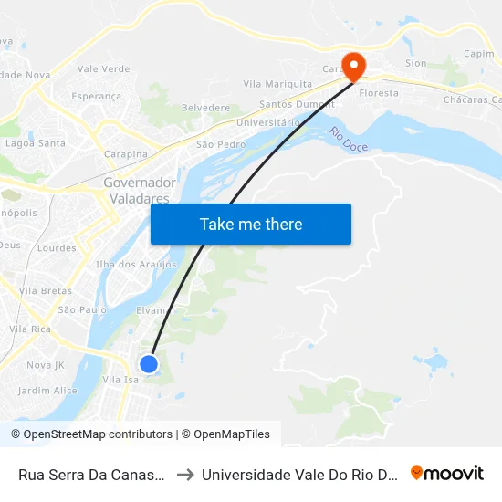 Rua Serra Da Canastra, 156 to Universidade Vale Do Rio Doce - Ceu map