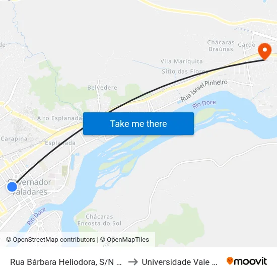 Rua Bárbara Heliodora, S/N - Governador Valadares to Universidade Vale Do Rio Doce - Ceu map