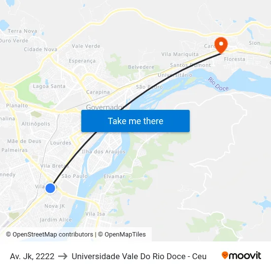 Av. Jk, 2222 to Universidade Vale Do Rio Doce - Ceu map