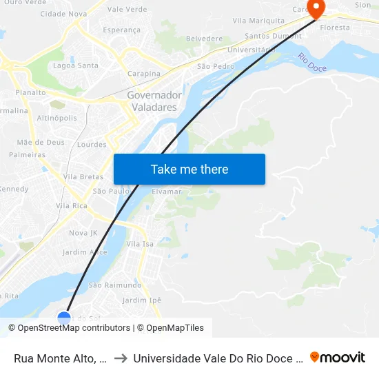 Rua Monte Alto, 601 to Universidade Vale Do Rio Doce - Ceu map