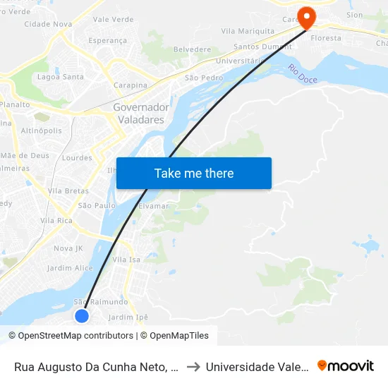 Rua Augusto Da Cunha Neto, S/N - Governador Valadares to Universidade Vale Do Rio Doce - Ceu map
