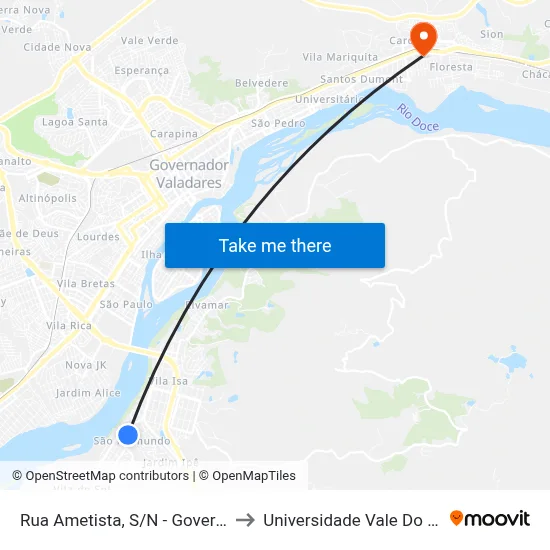 Rua Ametista, S/N - Governador Valadares to Universidade Vale Do Rio Doce - Ceu map