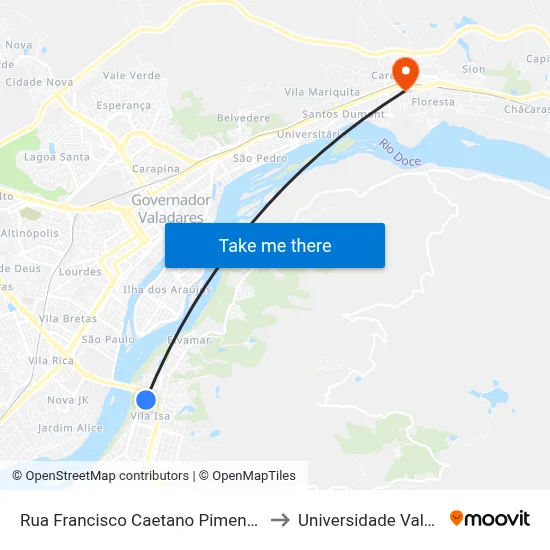 Rua Francisco Caetano Pimentel, S/N - Governador Valadares to Universidade Vale Do Rio Doce - Ceu map