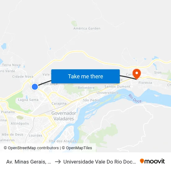 Av. Minas Gerais, 2850 to Universidade Vale Do Rio Doce - Ceu map