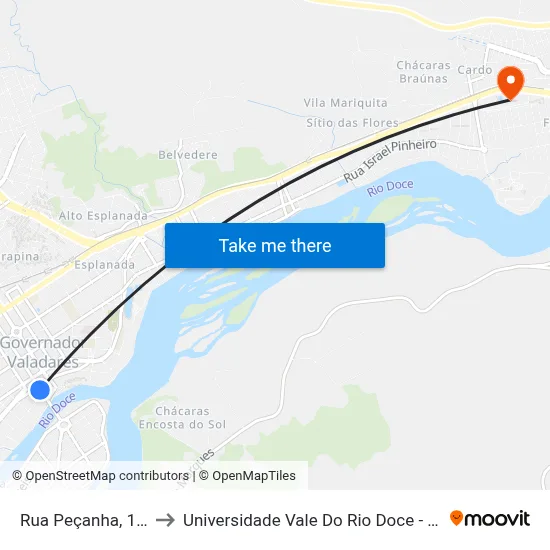 Rua Peçanha, 105 to Universidade Vale Do Rio Doce - Ceu map