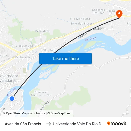 Avenida São Francisco, 715 to Universidade Vale Do Rio Doce - Ceu map