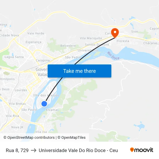 Rua 8, 729 to Universidade Vale Do Rio Doce - Ceu map