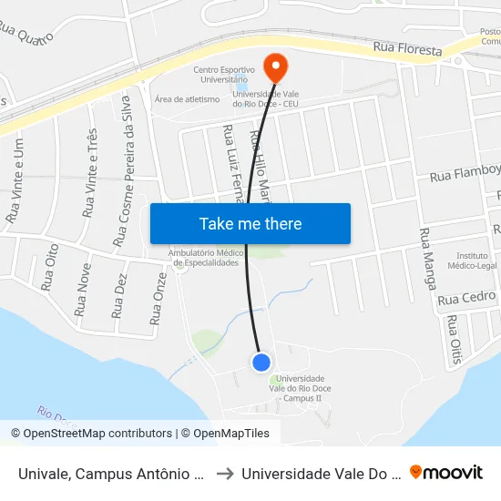 Univale, Campus Antônio Rodrigues Coelho to Universidade Vale Do Rio Doce - Ceu map
