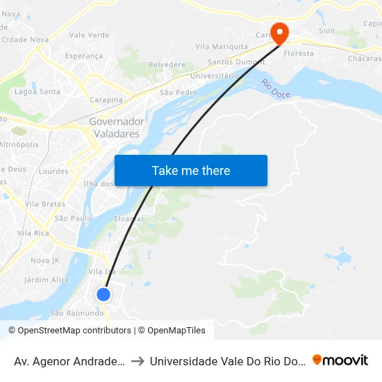 Av. Agenor Andrade, 1493 to Universidade Vale Do Rio Doce - Ceu map