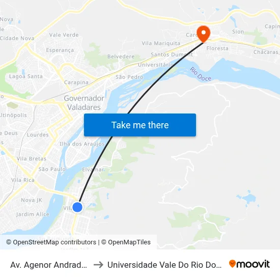 Av. Agenor Andrade, 850 to Universidade Vale Do Rio Doce - Ceu map