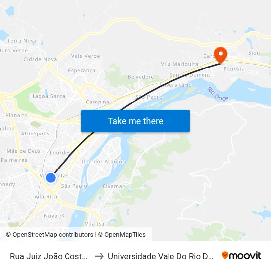 Rua Juiz João Costa, 3415 to Universidade Vale Do Rio Doce - Ceu map
