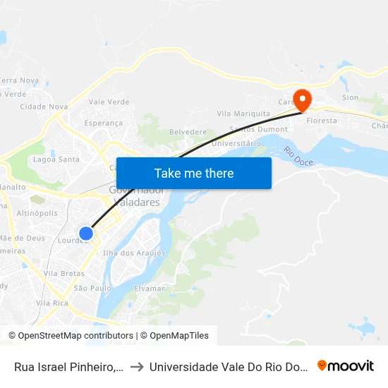 Rua Israel Pinheiro, 3973 to Universidade Vale Do Rio Doce - Ceu map