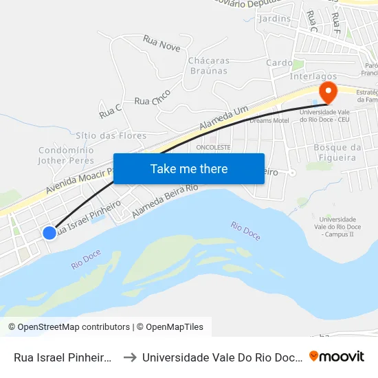 Rua Israel Pinheiro, 201 to Universidade Vale Do Rio Doce - Ceu map