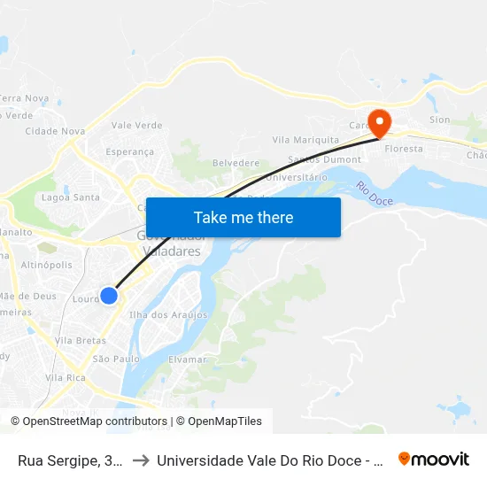 Rua Sergipe, 320 to Universidade Vale Do Rio Doce - Ceu map