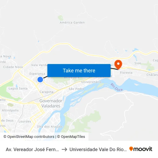 Av. Vereador José Fernandes, 160 to Universidade Vale Do Rio Doce - Ceu map