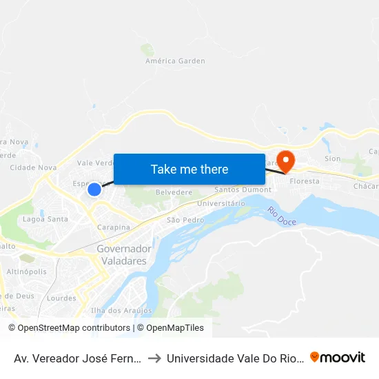 Av. Vereador José Fernandes, 352 to Universidade Vale Do Rio Doce - Ceu map