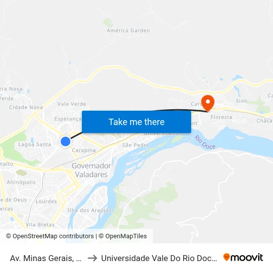 Av. Minas Gerais, 1855 to Universidade Vale Do Rio Doce - Ceu map
