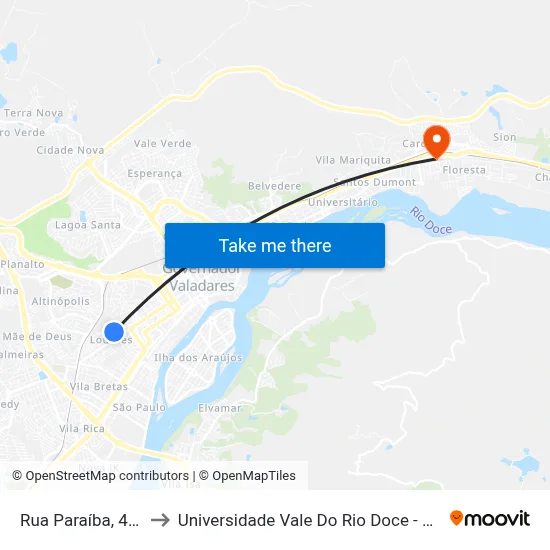 Rua Paraíba, 434 to Universidade Vale Do Rio Doce - Ceu map