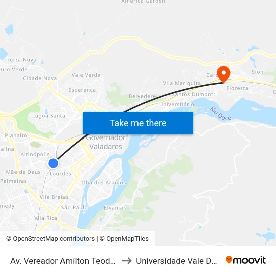 Av. Vereador Amílton Teodoro Guimarães, 540 to Universidade Vale Do Rio Doce - Ceu map