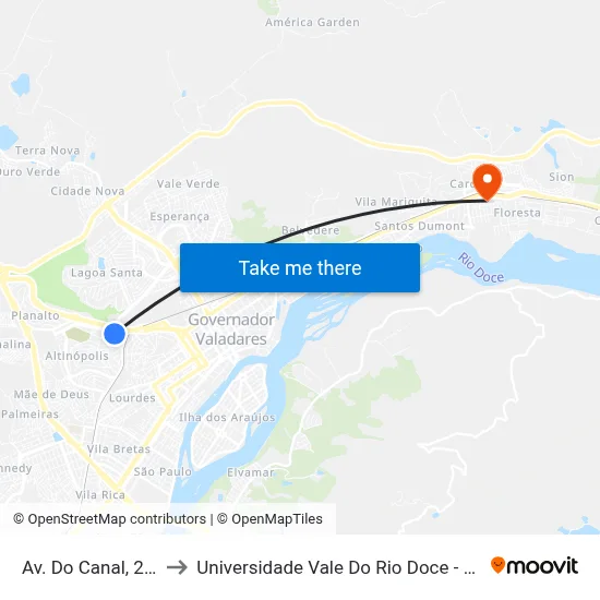 Av. Do Canal, 259 to Universidade Vale Do Rio Doce - Ceu map