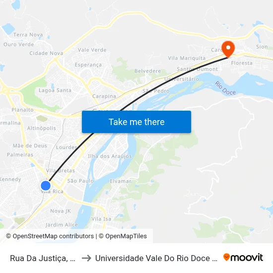 Rua Da Justiça, 250 to Universidade Vale Do Rio Doce - Ceu map