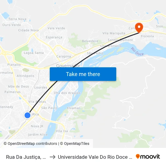 Rua Da Justiça, 651 to Universidade Vale Do Rio Doce - Ceu map