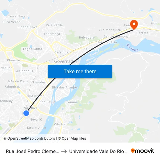 Rua José Pedro Clementino, 300 to Universidade Vale Do Rio Doce - Ceu map