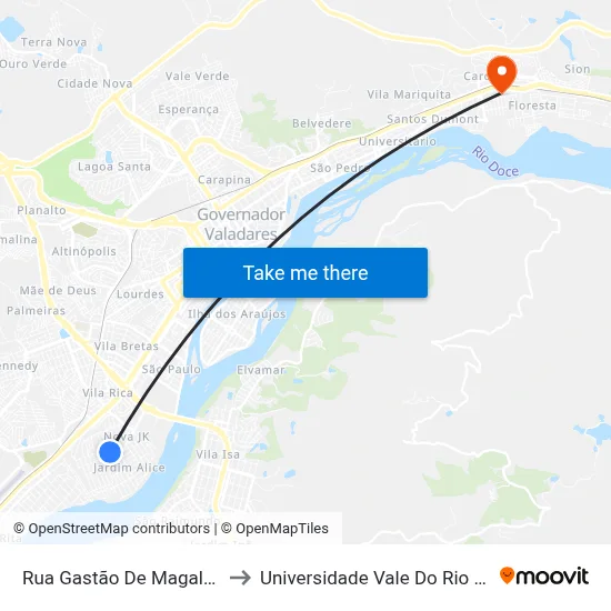 Rua Gastão De Magalhães, 800 to Universidade Vale Do Rio Doce - Ceu map