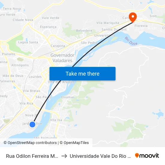 Rua Odilon Ferreira Matos, 251 to Universidade Vale Do Rio Doce - Ceu map