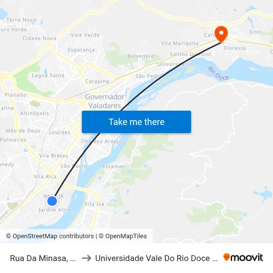 Rua Da Minasa, 700 to Universidade Vale Do Rio Doce - Ceu map
