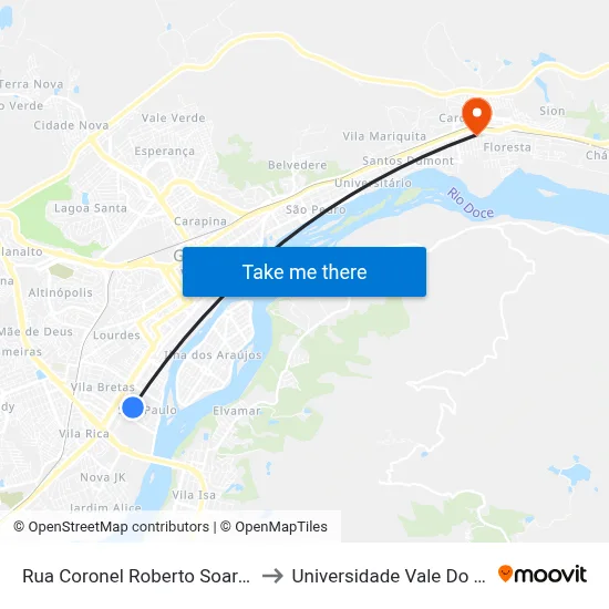 Rua Coronel Roberto Soares Ferreira, 1204 to Universidade Vale Do Rio Doce - Ceu map