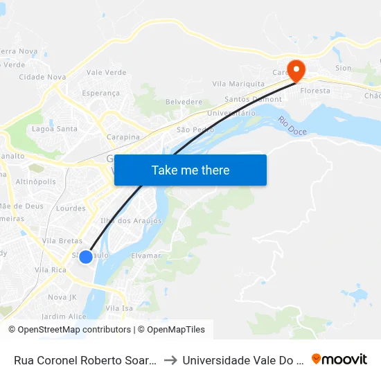 Rua Coronel Roberto Soares Ferreira, 1327 to Universidade Vale Do Rio Doce - Ceu map