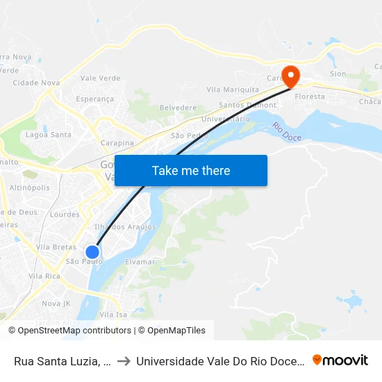 Rua Santa Luzia, 105 to Universidade Vale Do Rio Doce - Ceu map