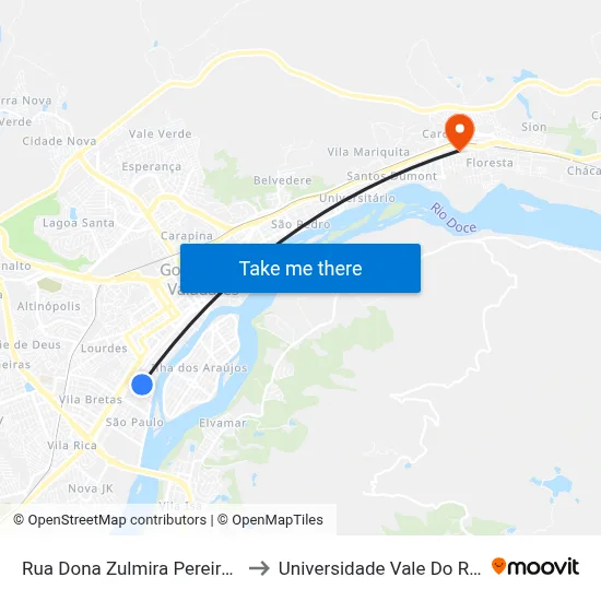 Rua Dona Zulmira Pereira Da Silva, 165 to Universidade Vale Do Rio Doce - Ceu map