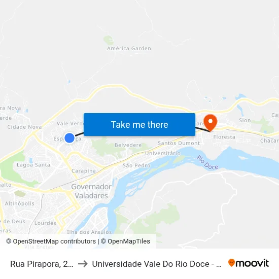 Rua Pirapora, 217 to Universidade Vale Do Rio Doce - Ceu map