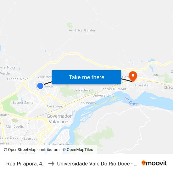 Rua Pirapora, 404 to Universidade Vale Do Rio Doce - Ceu map