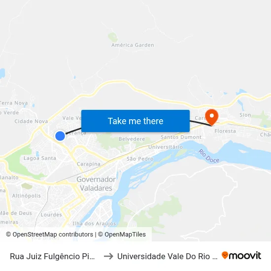 Rua Juiz Fulgêncio Pimenta, 255 to Universidade Vale Do Rio Doce - Ceu map