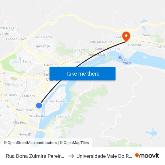 Rua Dona Zulmira Pereira Da Silva, 168 to Universidade Vale Do Rio Doce - Ceu map