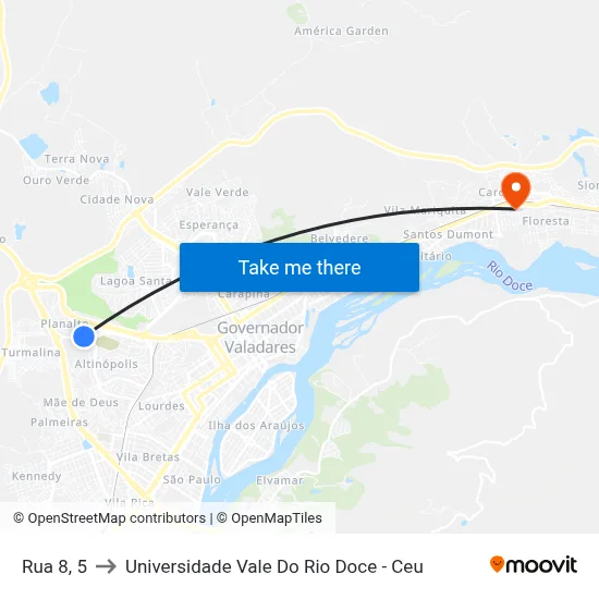 Rua 8, 5 to Universidade Vale Do Rio Doce - Ceu map