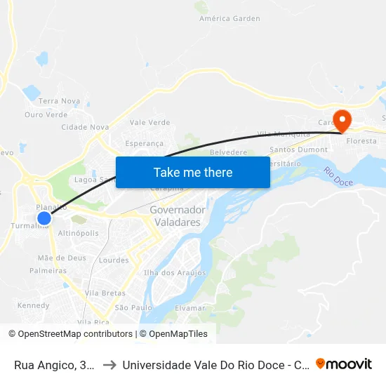 Rua Angico, 348 to Universidade Vale Do Rio Doce - Ceu map