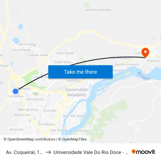 Av. Coqueiral, 116 to Universidade Vale Do Rio Doce - Ceu map