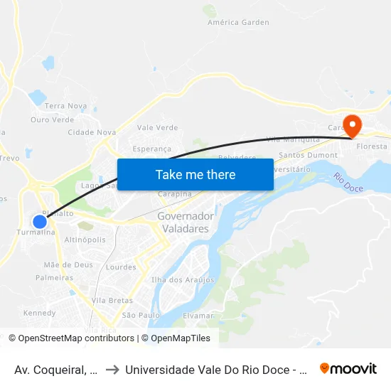 Av. Coqueiral, 95 to Universidade Vale Do Rio Doce - Ceu map