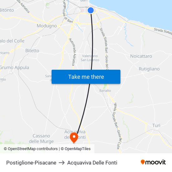 Postiglione-Pisacane to Acquaviva Delle Fonti map